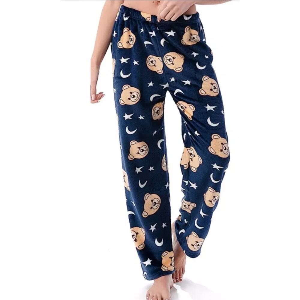 Fashion Navy Blue Plush Bear Moon Star Pajama Lounge Pants Women Size XS - Small - Picture 2 of 10